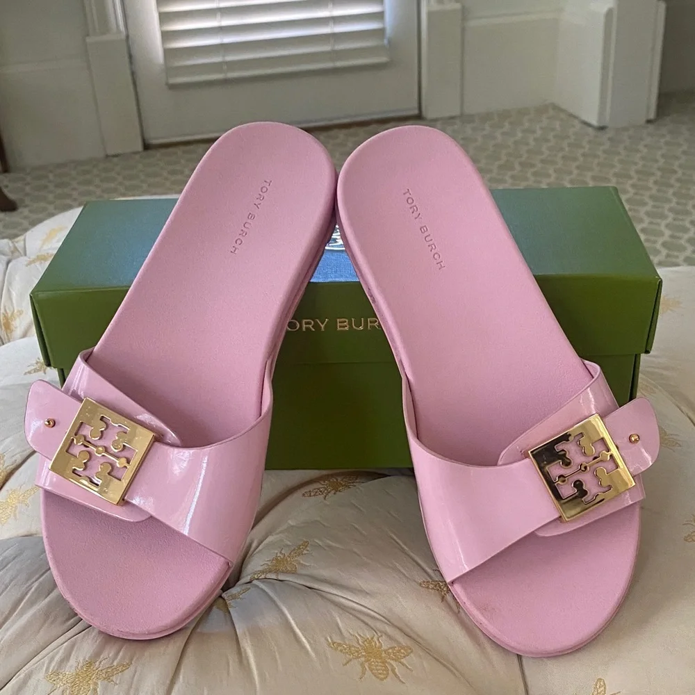 Tory Burch Pink Patent Slide Sandals with Gold Logo Buckle